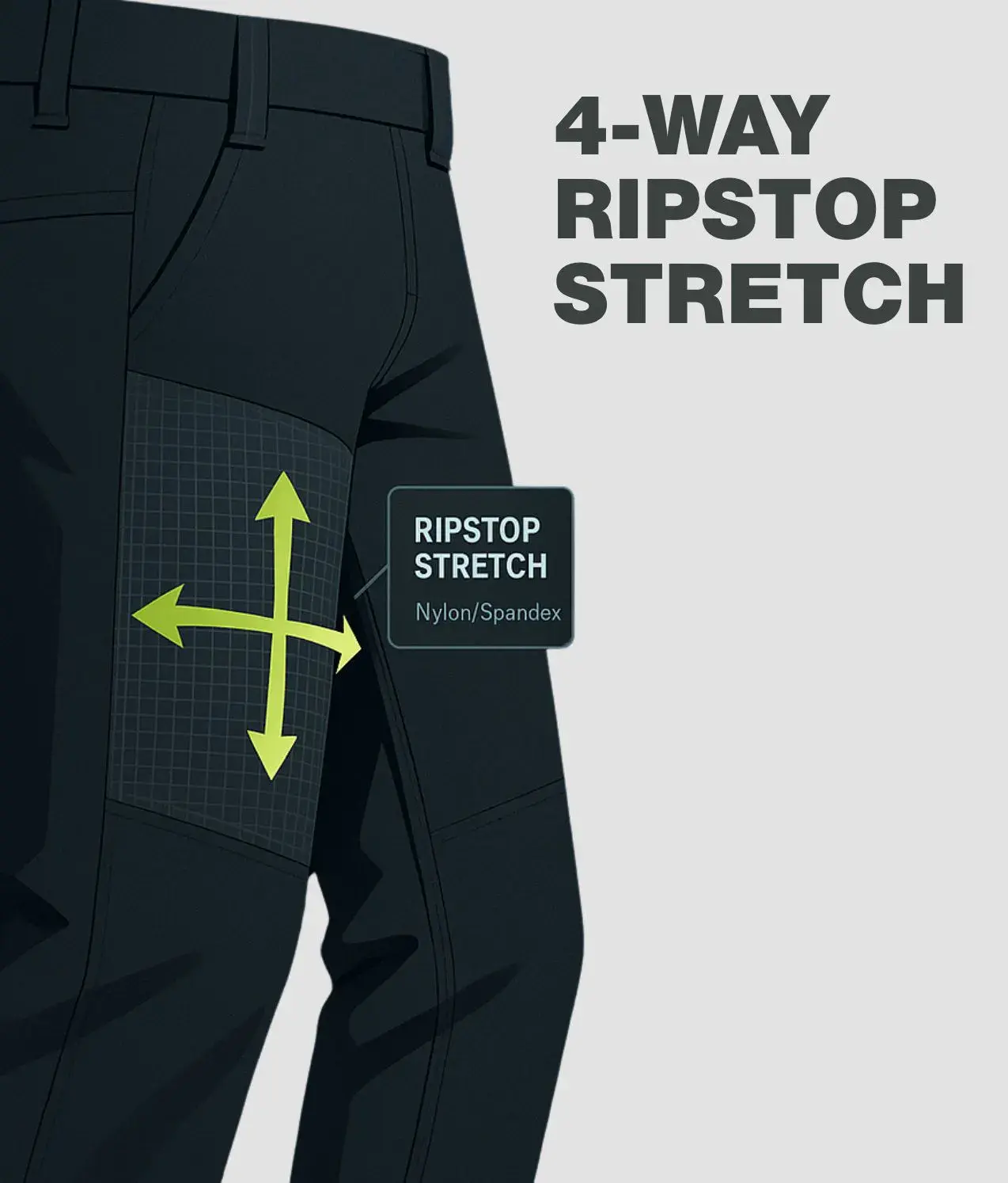 Illustration of black work trousers with 4-way ripstop stretch panel highlighted